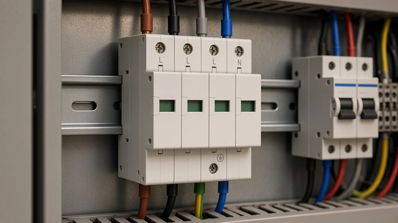 Four-pole SPD terminals wired to L1 L2 L3 and neutral