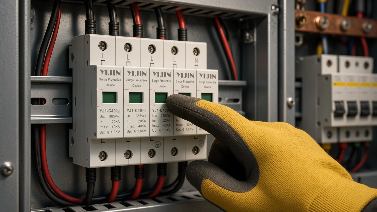 Engineer checking Class II SPD module ratings on a DIN rail