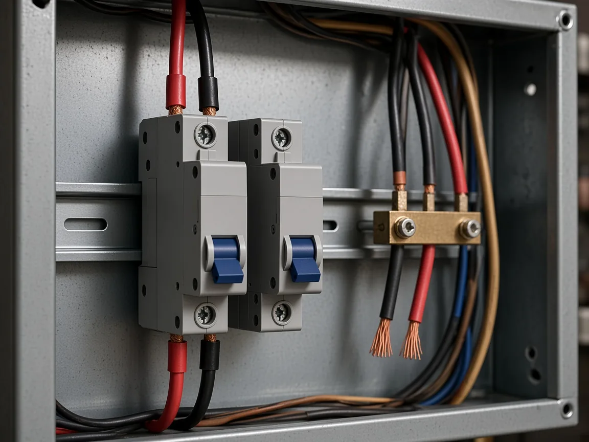 Two YJB1Z-style breakers on a rail beside a bus, one pair of cables and a grouped bundle