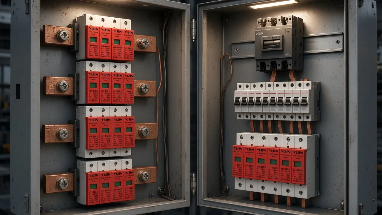 Two cabinet zones comparing a service-side module bank with a load-side bank
