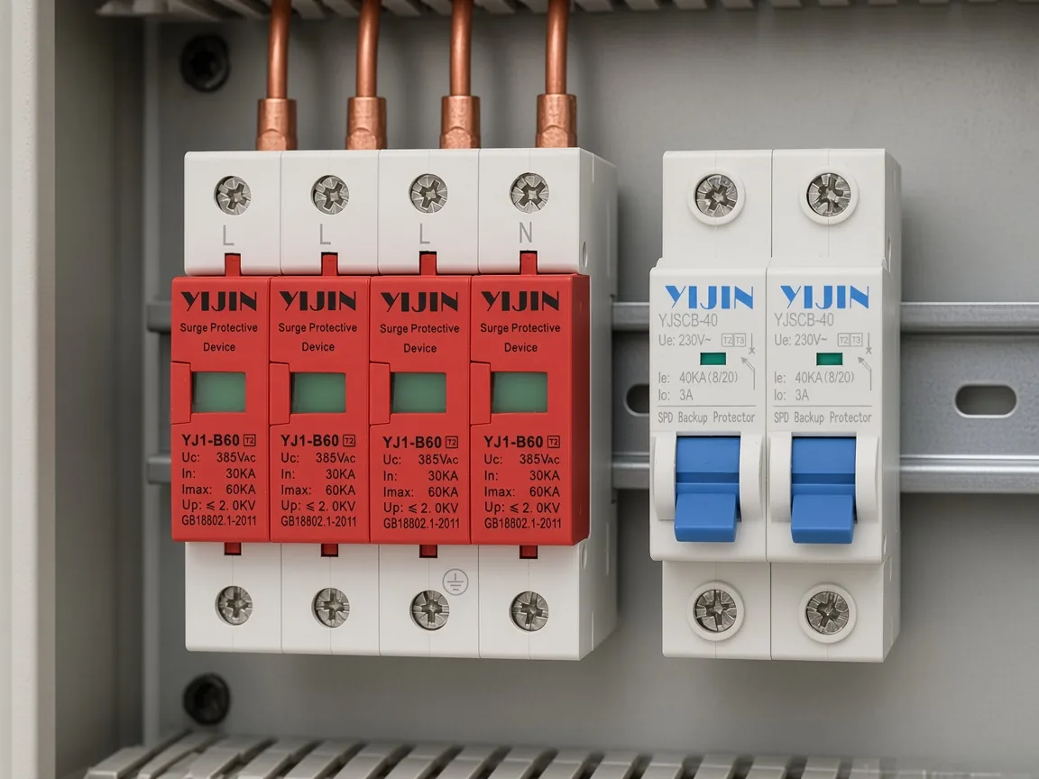 Short copper leads from a YJ1-B60 module beside a YJSCB backup protector on the same rail