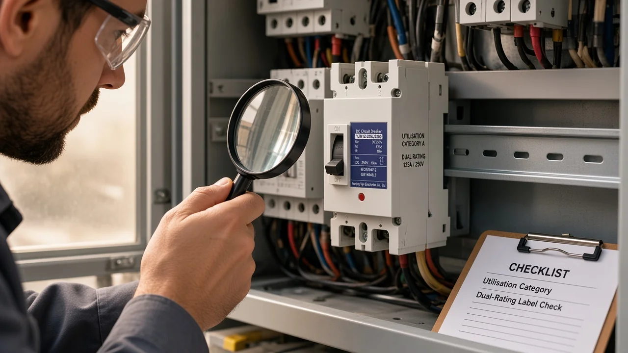 Close inspection of breaker markings for utilisation category and dual AC/DC limits