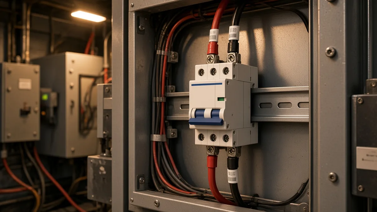 DIN-rail DC breaker on a rail with red and black string leads in a PV DC board