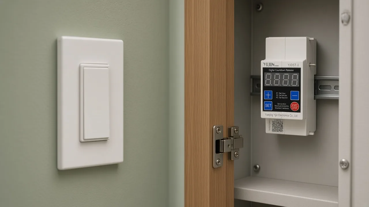 Wall switch plate beside a rail countdown device in a dry cabinet
