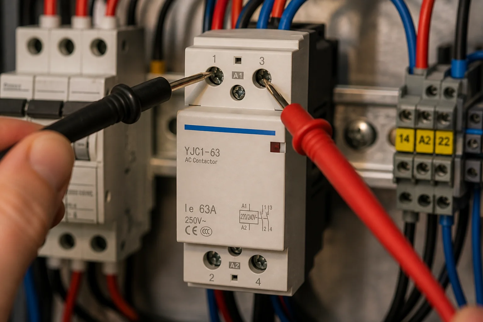Checking modular AC contactor coil supply at the coil terminals in a panel