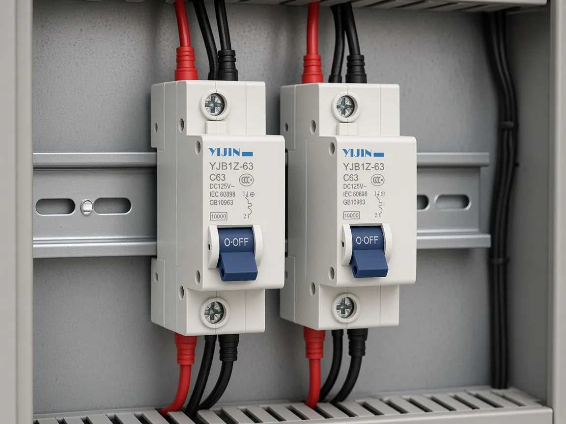 Two YJB1Z-63 breakers on a rail with red and black conductors