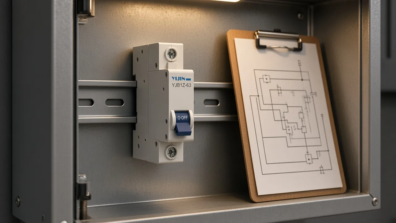 YJB1Z-63 on a DIN rail beside a paper DC breaker wiring diagram