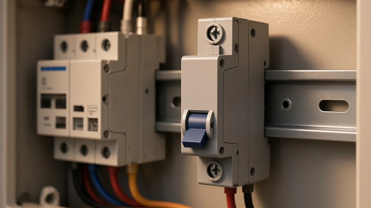 DIN-rail DC breaker mounted inside an opened indoor enclosure
