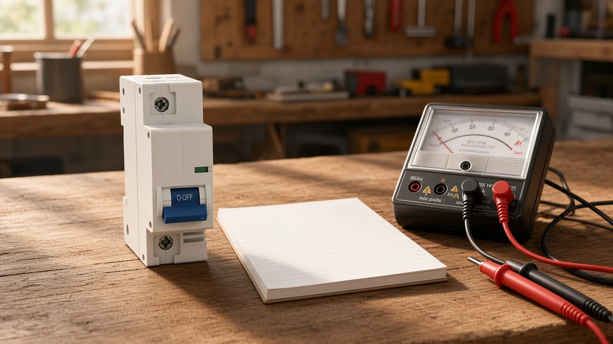 DC breaker on a bench beside a blank notepad and a multimeter