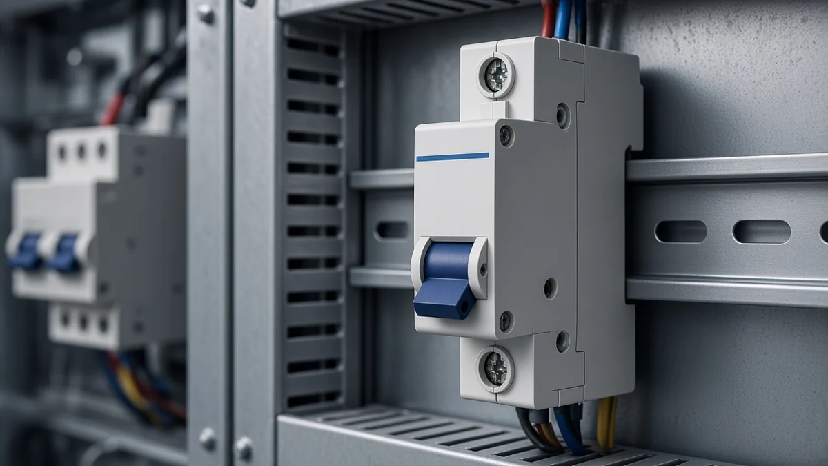 Single-pole DC breaker on a DIN rail inside a metal panel