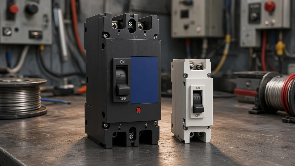 Molded-case DC breaker beside a smaller DIN-rail DC breaker on a workbench