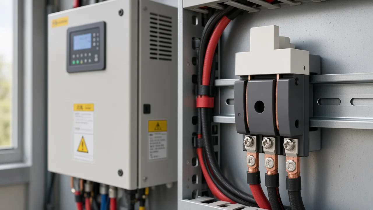 DC isolator for solar panels on a PV string path beside red and black conductors