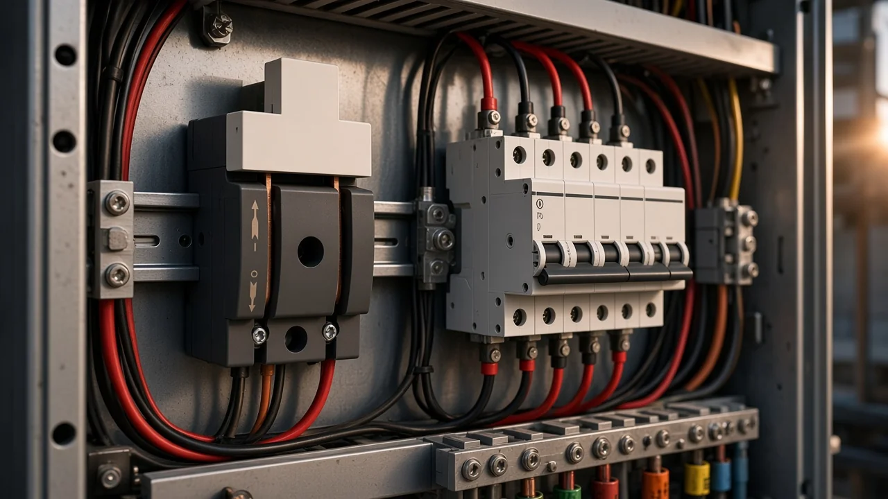 Manual knife isolator beside a DIN-rail DC breaker on the same PV path