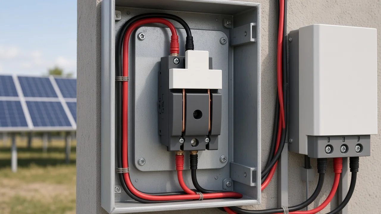 Solar panel strings feeding a protected bay isolator before inverter DC input