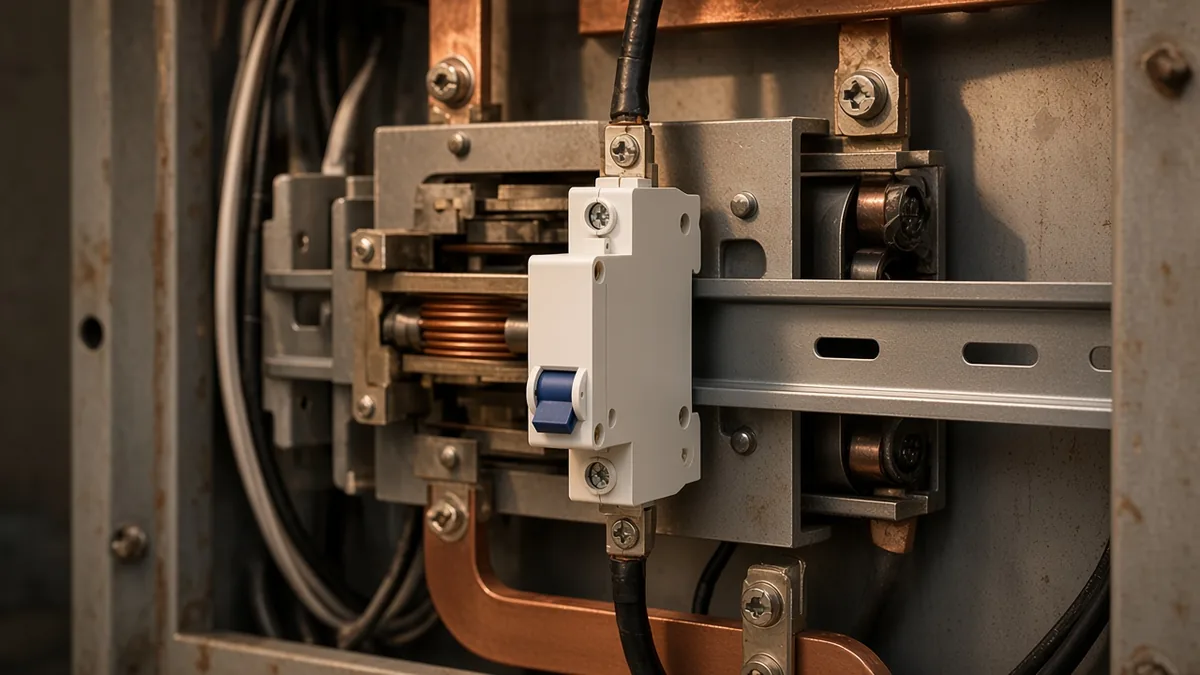 DIN-rail miniature breaker in a switchboard context highlighting arc-handling hardware for DC versus AC duty