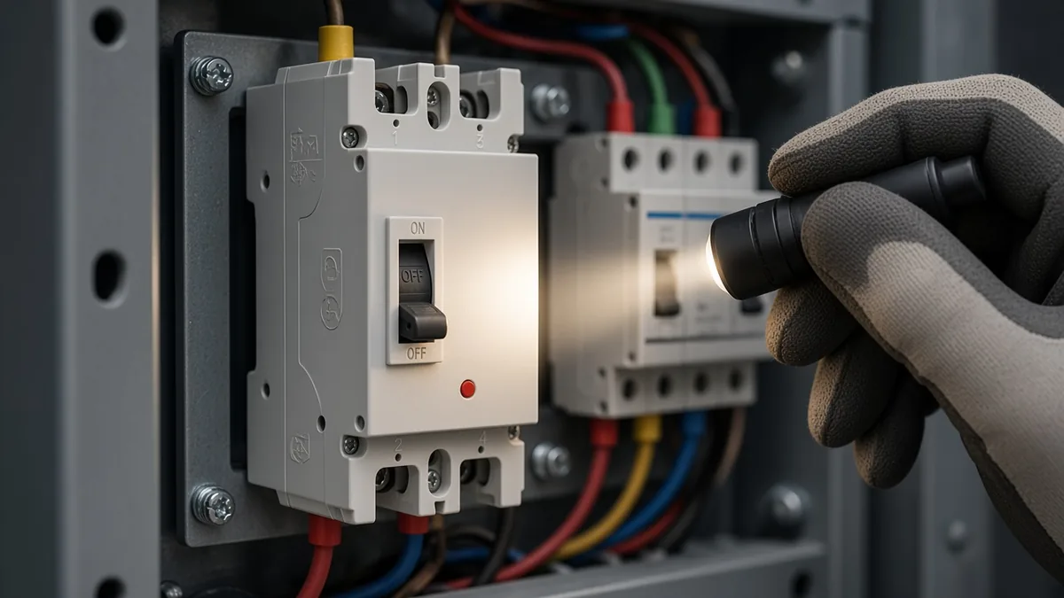 Technician inspecting side markings on a DC circuit breaker to confirm utilisation limits