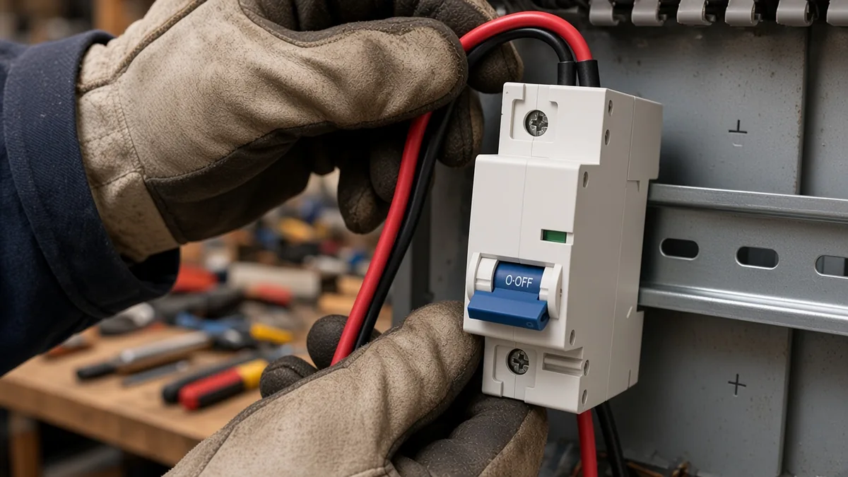 Electrician wiring a DIN-rail DC miniature breaker with attention to polarity-marked terminals