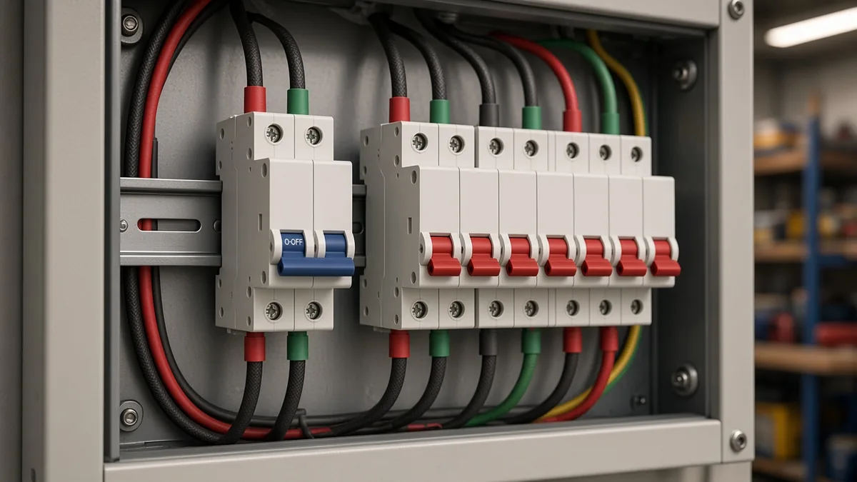 DC and AC miniature breakers compared on a DIN rail inside an open distribution panel