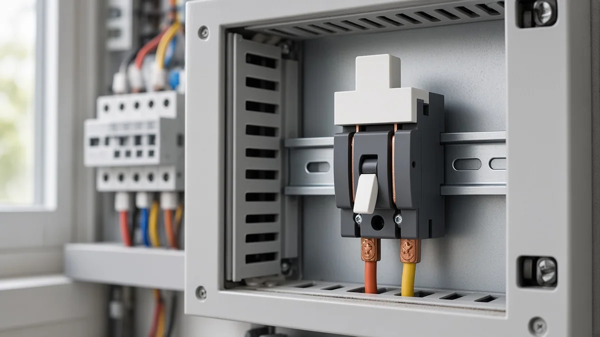 Two-pole knife isolator mounted on a DIN rail inside an opened distribution enclosure