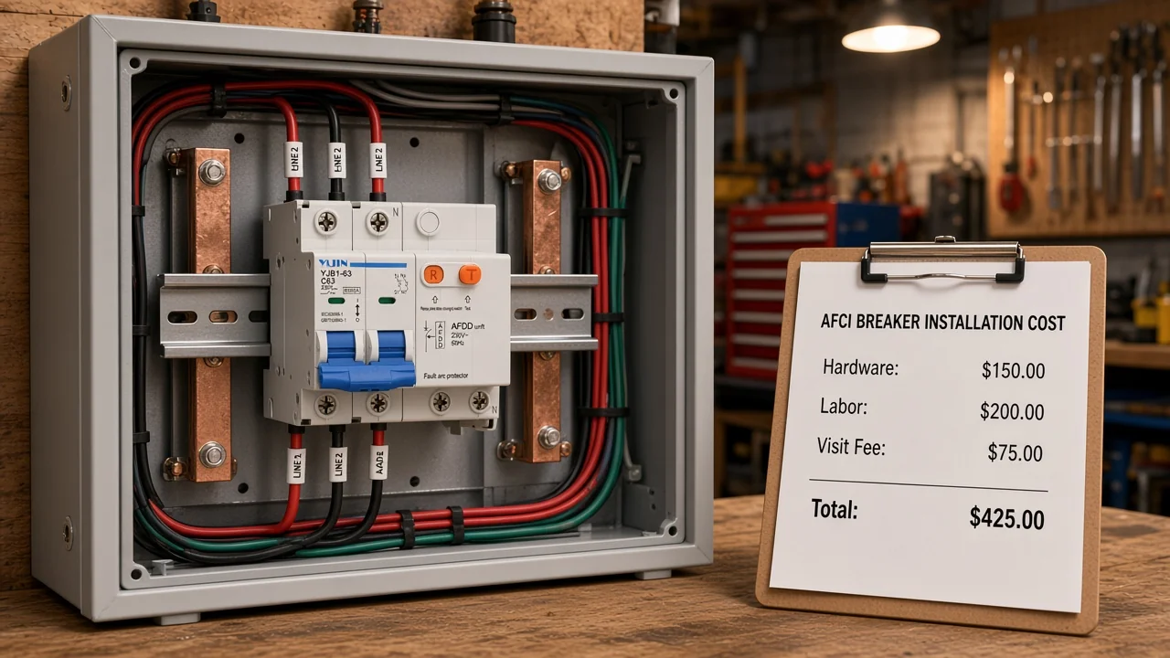 AFCI installation cost decision scene with DIN-rail arc-fault breaker and itemized quote clipboard