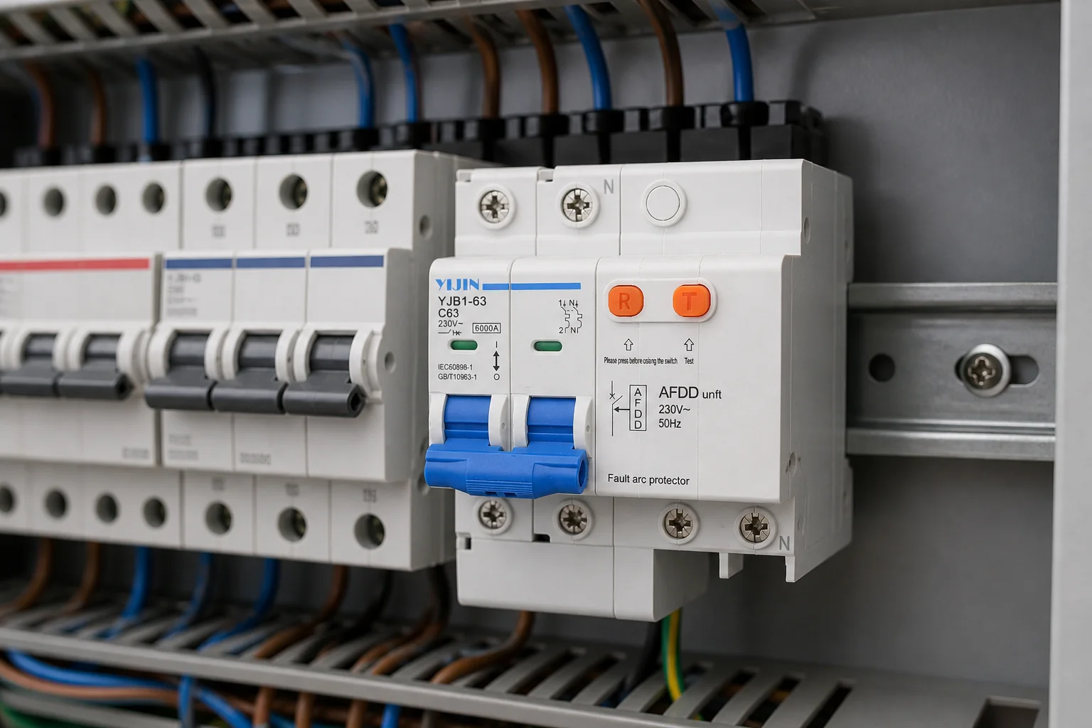 AFCI how-it-works featured scene with DIN-rail arc-fault breaker in a distribution board