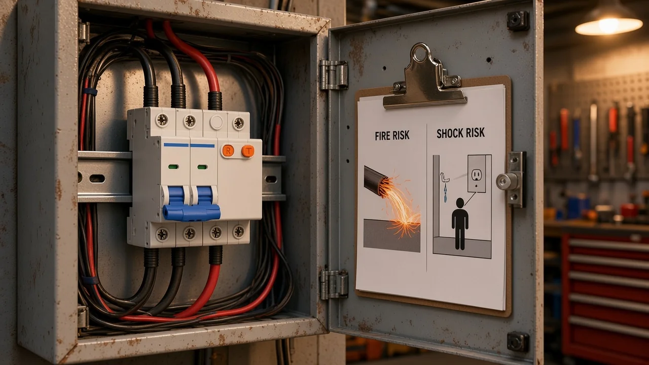 AFCI vs GFCI hazard decision scene with DIN-rail arc-fault breaker
