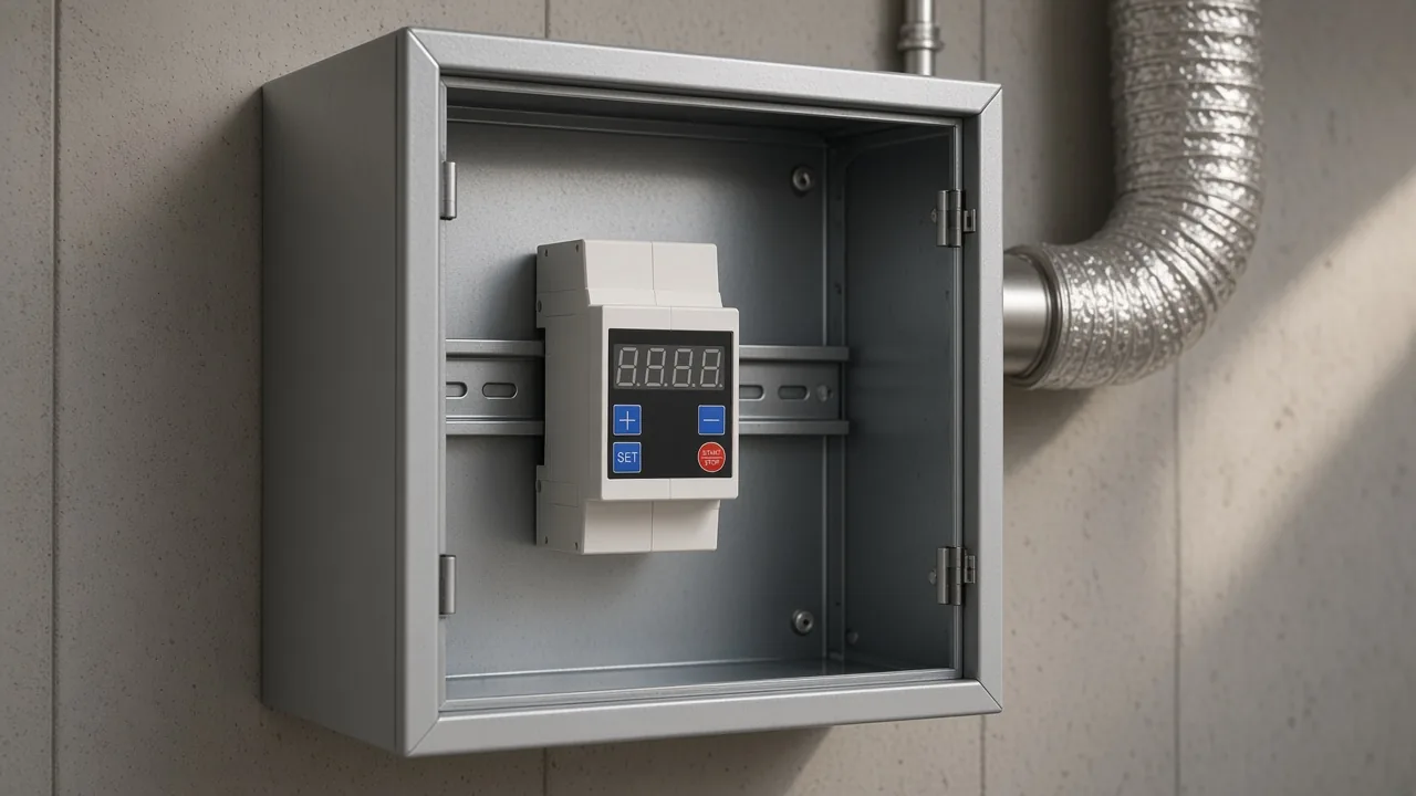 Countdown control device in a dry cabinet beside an exhaust duct