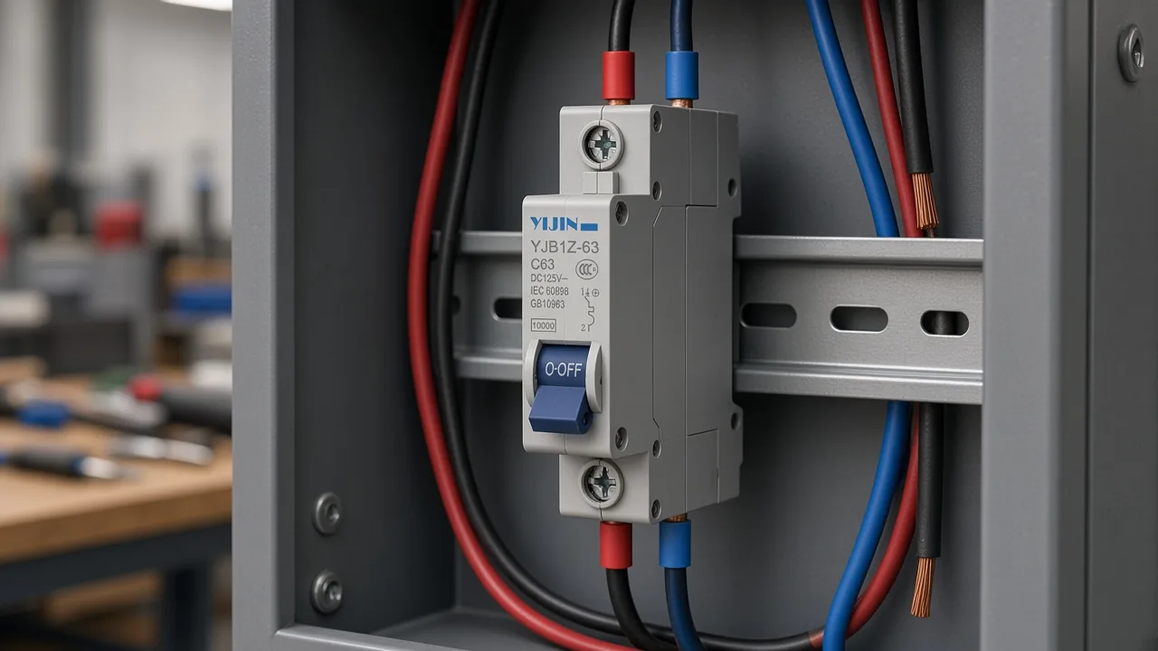 YJB1Z-63 mounted on a DIN rail with cables not yet landed