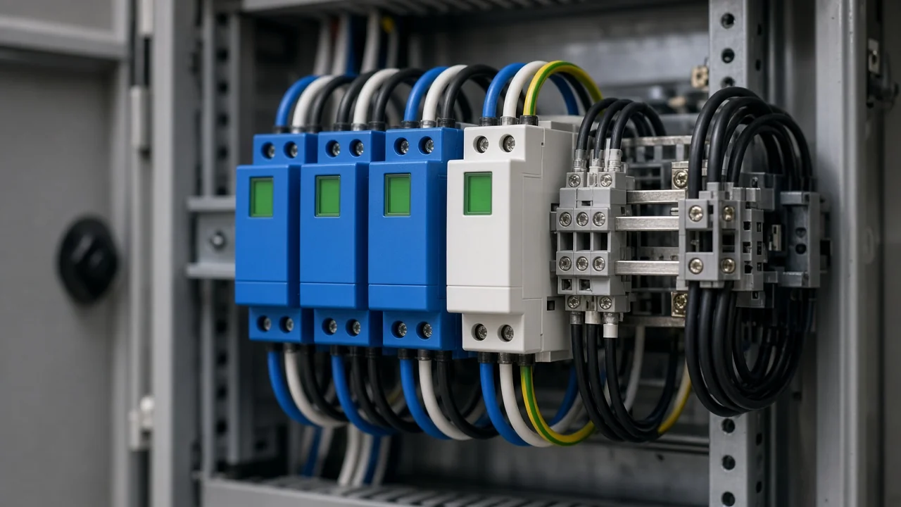 DIN-rail surge protective modules in a distribution board representing Type 3 cascade context