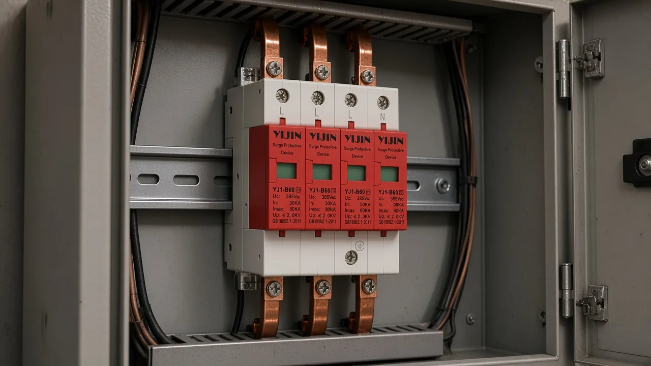 Red YIJIN surge modules on a DIN rail inside an open service cabinet