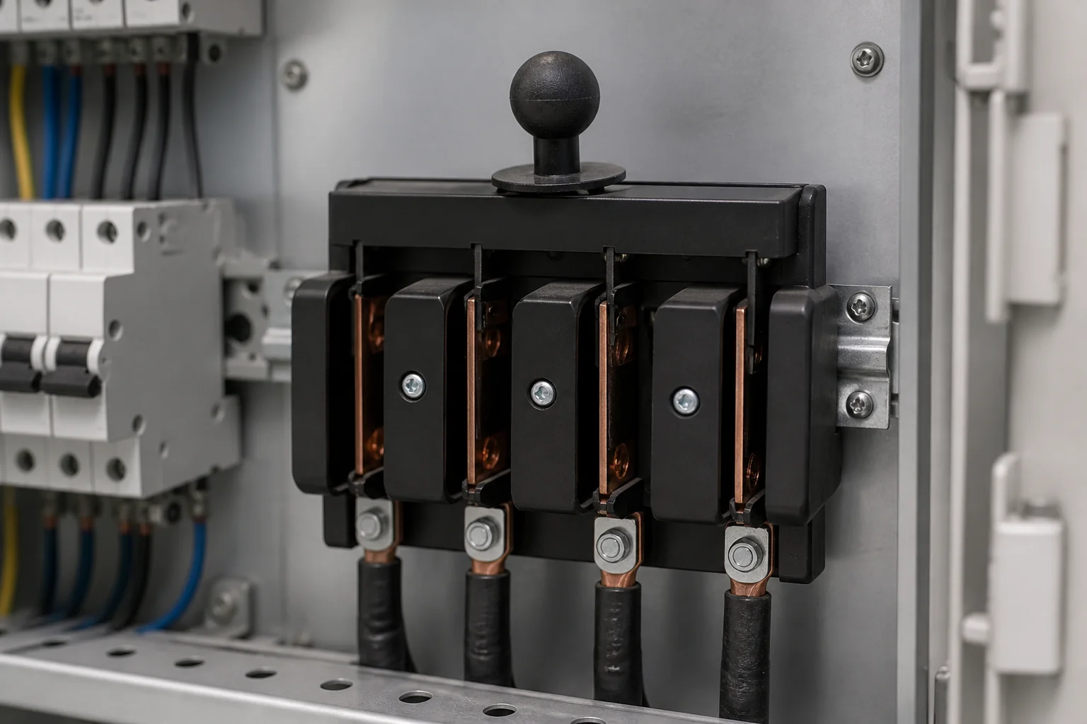 Knife switch topic scene showing hinged blade isolation in a distribution panel