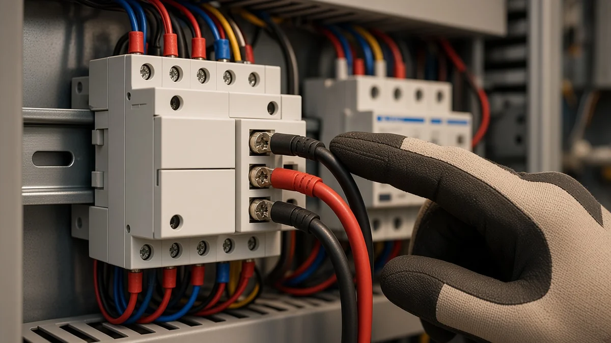 Close-up of modular AC contactor coil terminals A1 and A2 kept separate from thicker power conductors