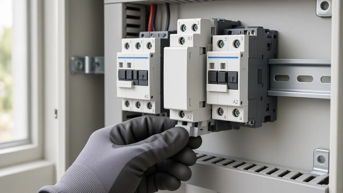 Electrician seating a modular AC contactor onto a DIN rail with the bottom retainer clip