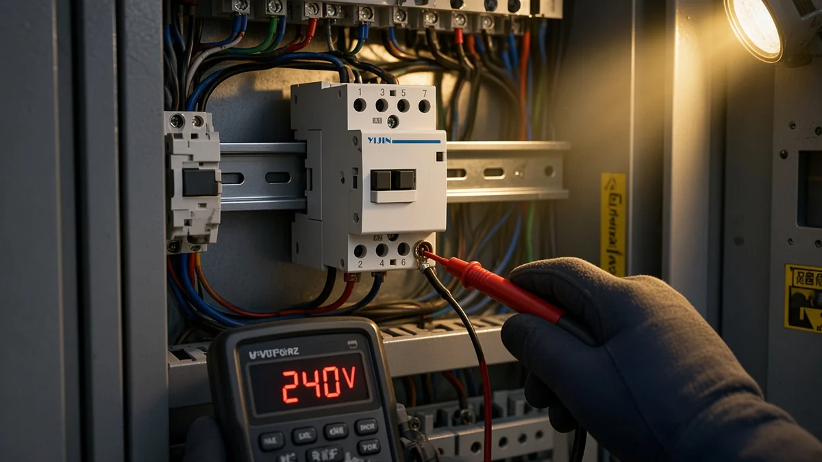 Meter check on the load side of a single-pole modular contactor that still shows a live conductor