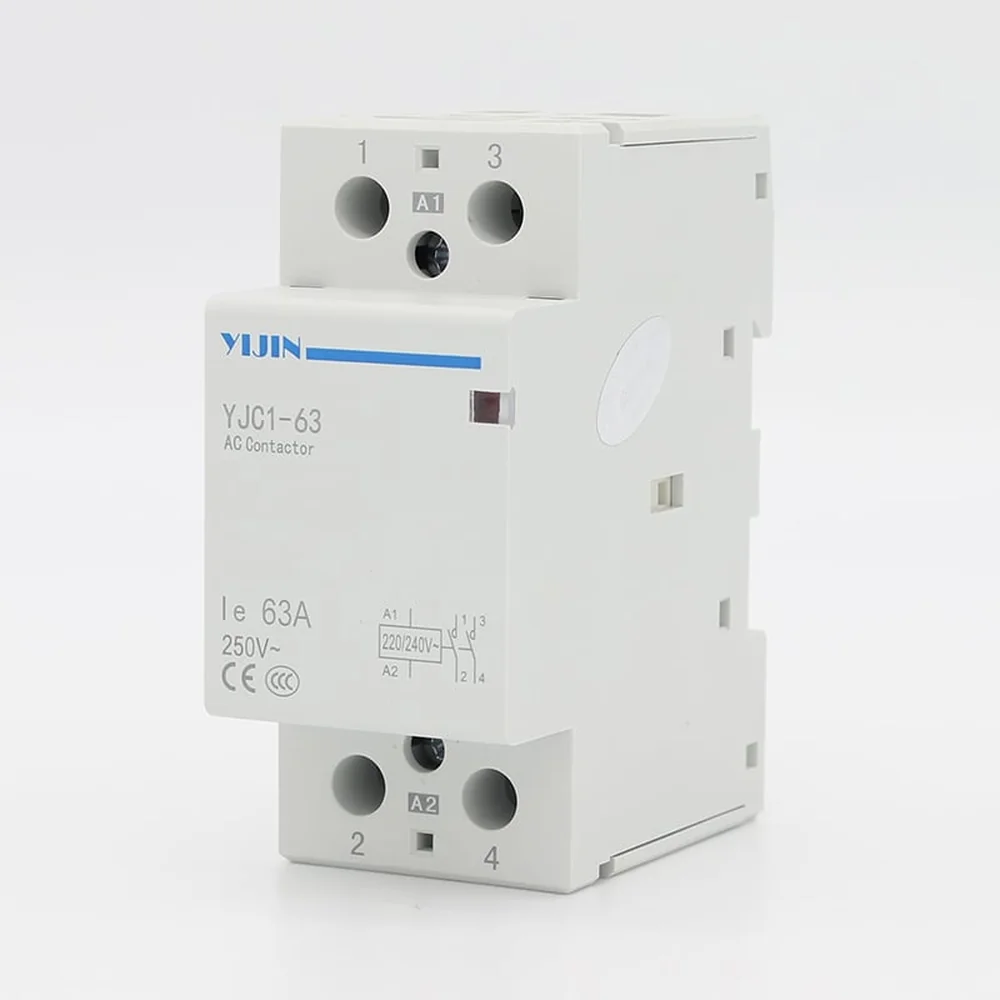 YJC1-63 2P modular AC contactor showing two switched poles and separate A1 and A2 coil terminals