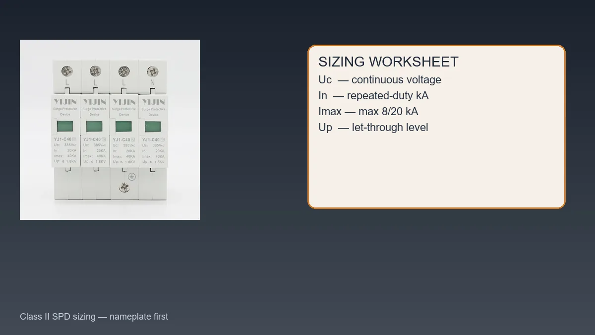 Orange Class II SPD beside a sizing worksheet listing Uc In Imax and Up