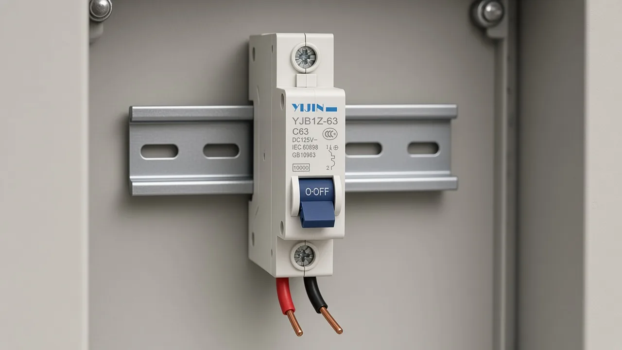 YJB1Z-63 on a DIN rail with unlanded red and black conductors oriented to polarity marks