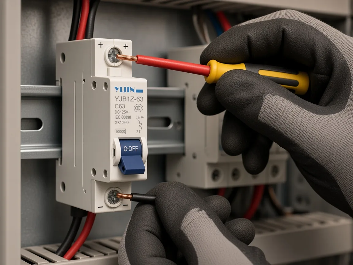 Technician landing red and black conductors toward + and - marks on a DIN-rail DC MCB