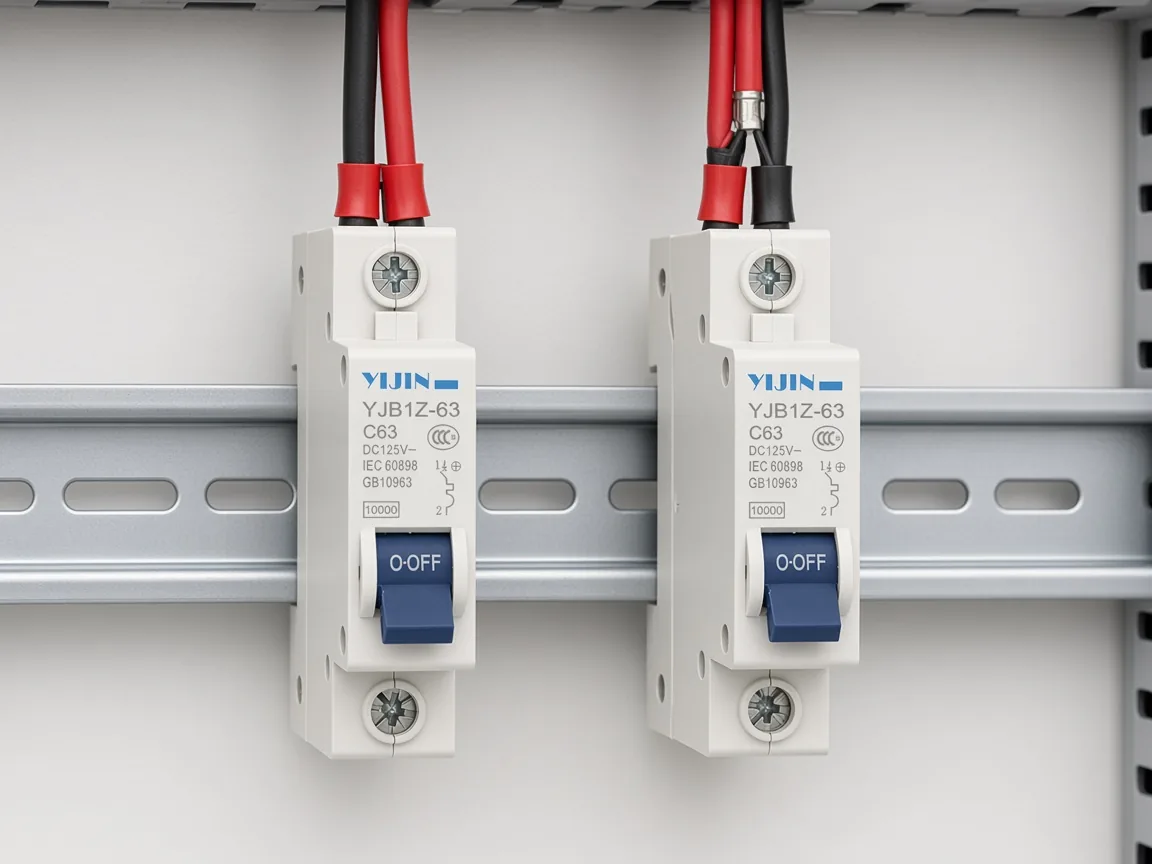 Series-string single conductor pair beside a parallel multi-pair feed into DIN-rail DC breakers