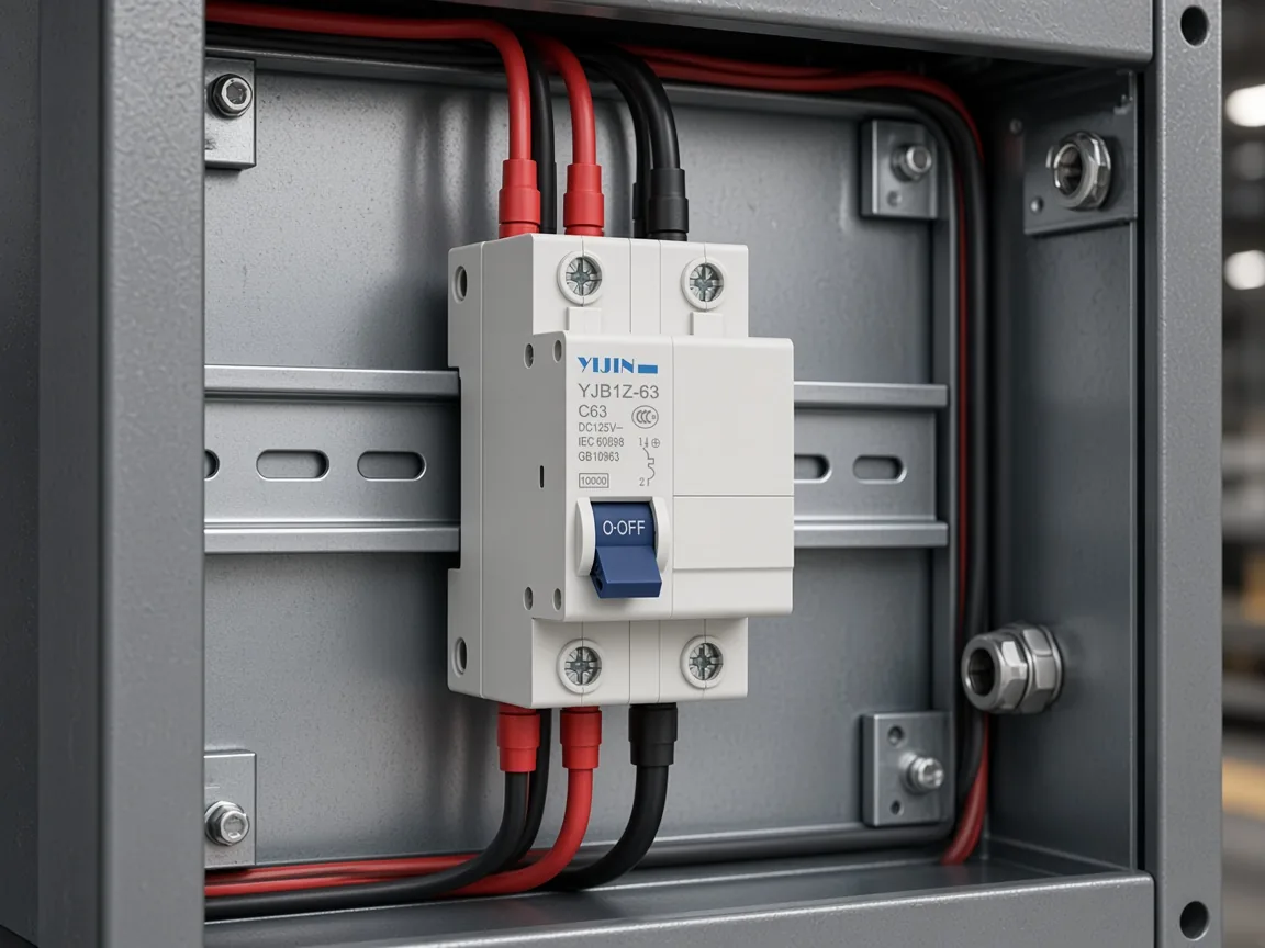 Source conductors on the enter side and load conductors on the exit side of a DIN-rail DC breaker