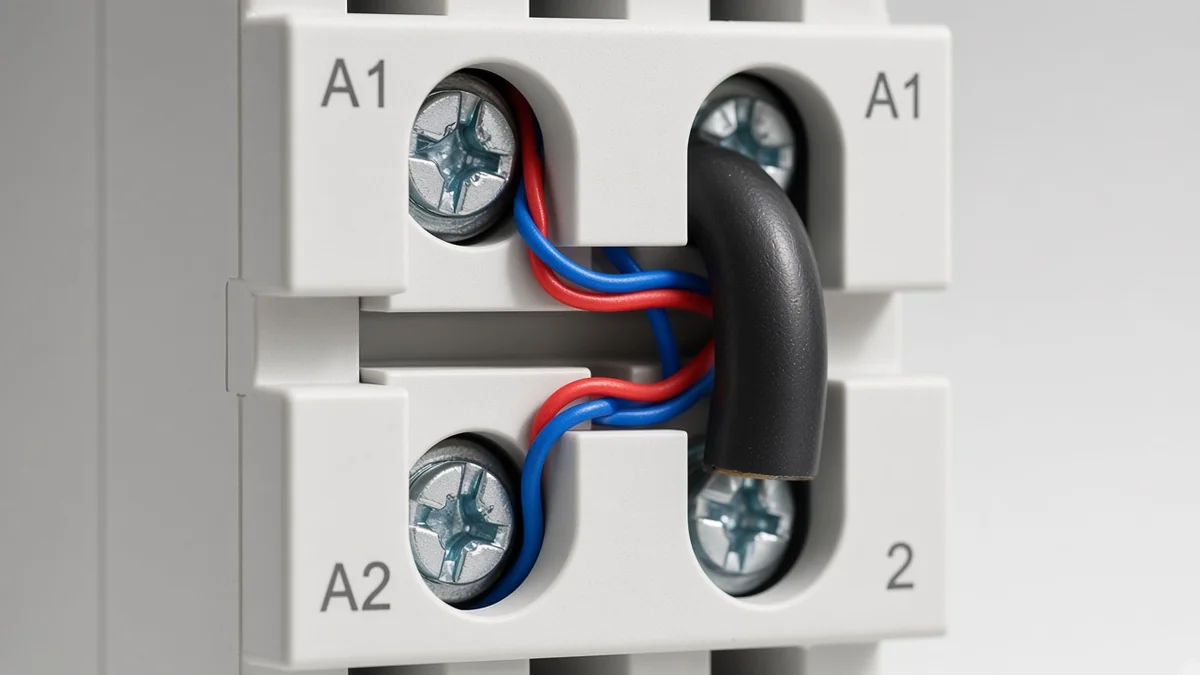 Close-up of modular contactor coil terminals A1 and A2 kept separate from power conductors