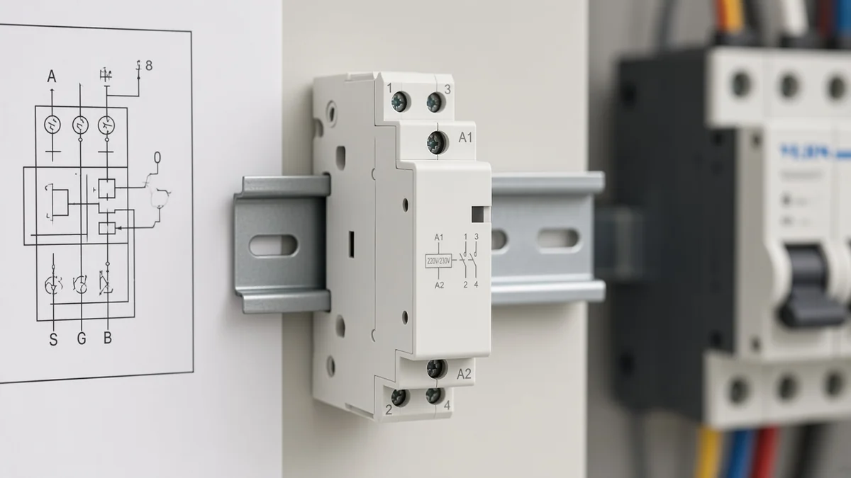 Printed modular contactor diagram with a blank margin beside the device on a DIN rail