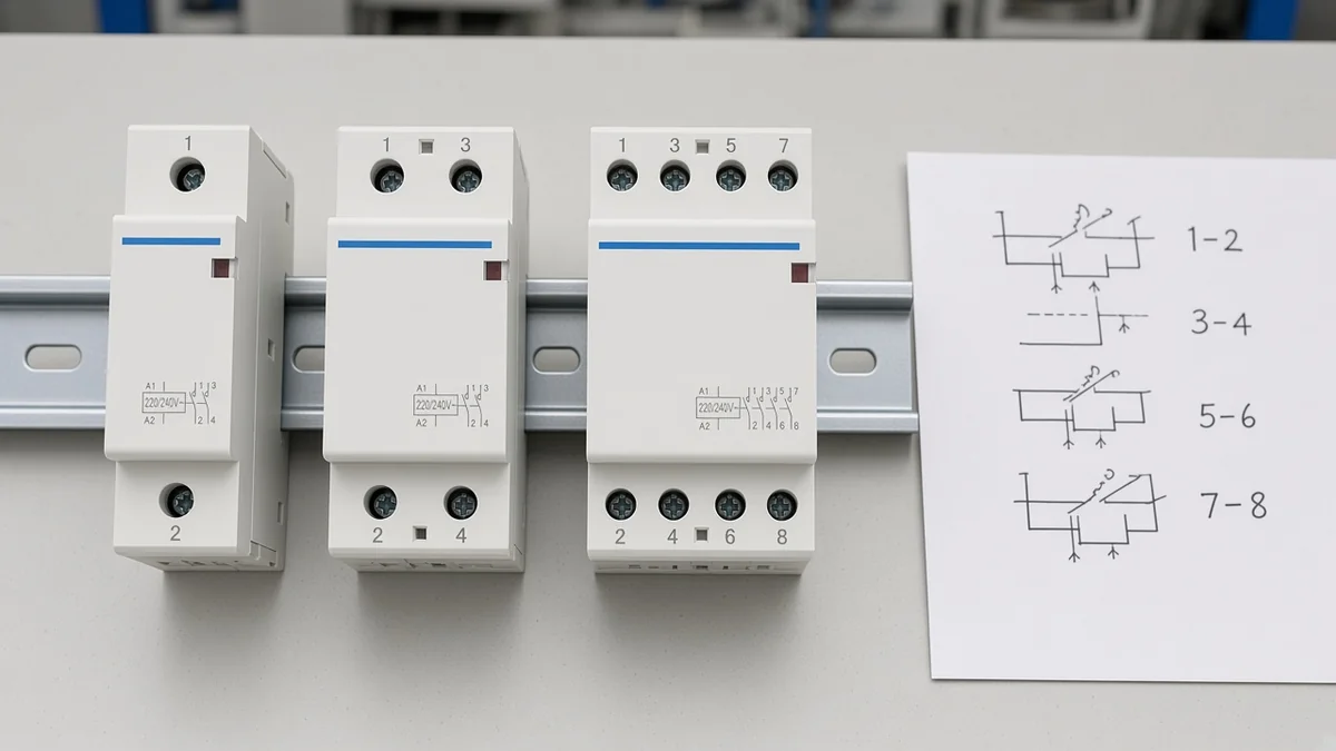 1P, 2P, and 4P modular contactors beside a numbered contact-map sketch
