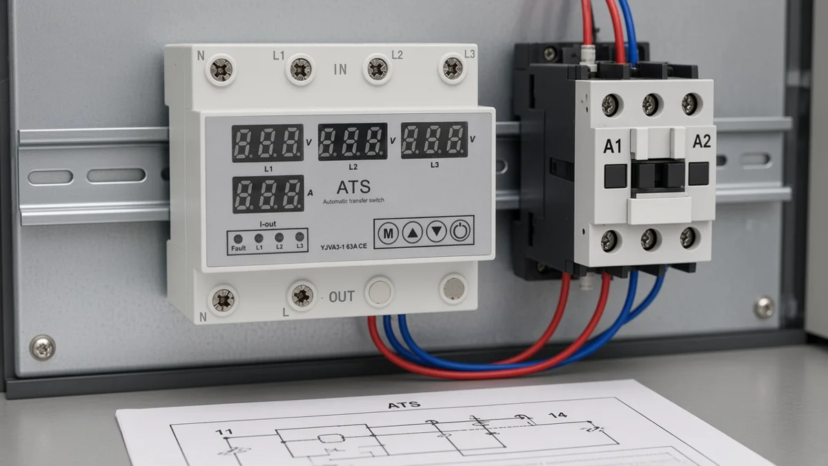 Printed 11 12 14 contact block on a monitoring relay sheet beside a contactor coil path