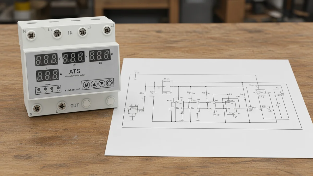 Printed phase sequence wiring diagram with a blank margin beside a DIN-rail conversion switch