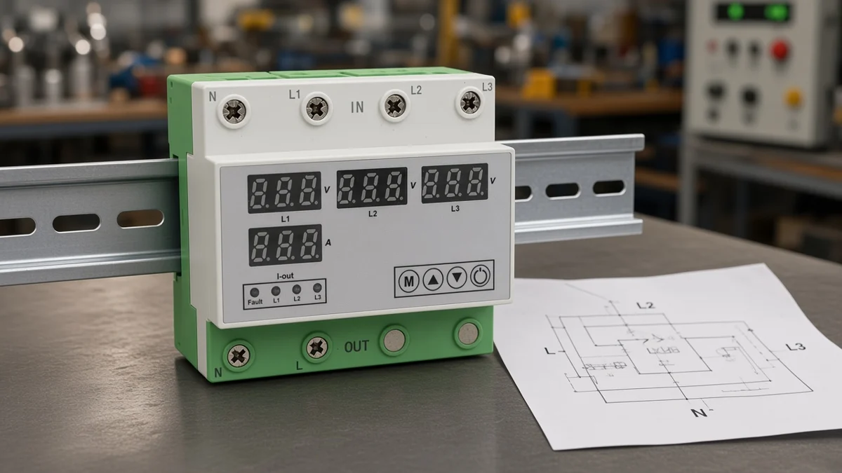 DIN-rail phase sequence device beside a printed L1 L2 L3 terminal-map wiring diagram