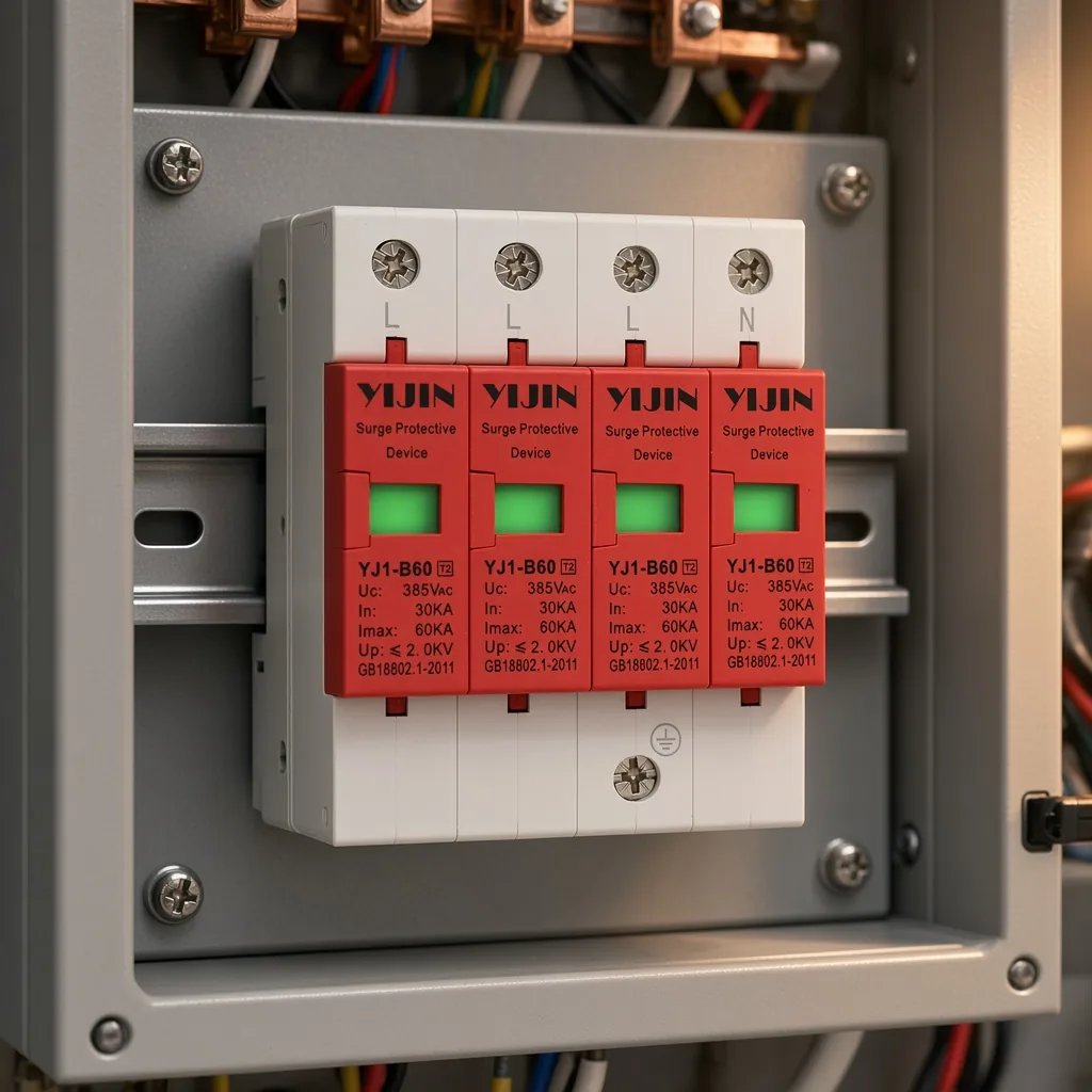 YJ1-B60 four-pole module on a DIN rail inside a metal panel