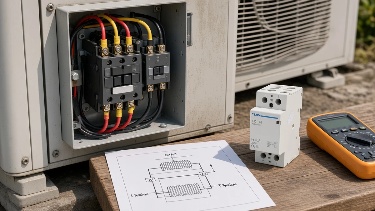 Low-voltage coil wires kept separate from high-voltage outdoor contactor legs