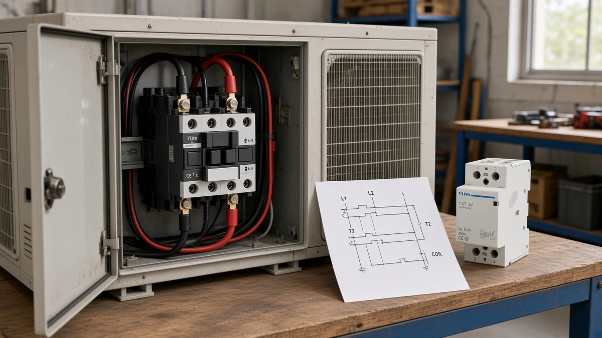 Split AC outdoor contactor beside an L1 T1 style wiring diagram
