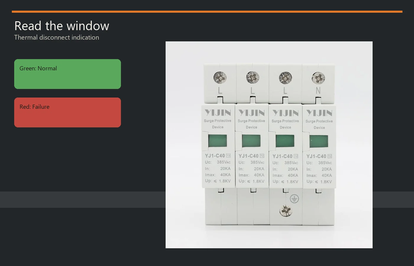Green Normal and Red Failure cards beside a Class II DIN-rail module